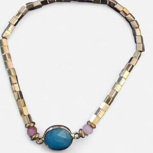 BaubleBar - Gold Tone Beads with Blue Stone Pendant Bracelet - 8"